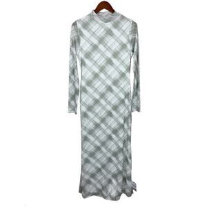 New ASOS Design High Neck Mesh Maxi Dress Green Plaid Long Sleeves Women's 8 10